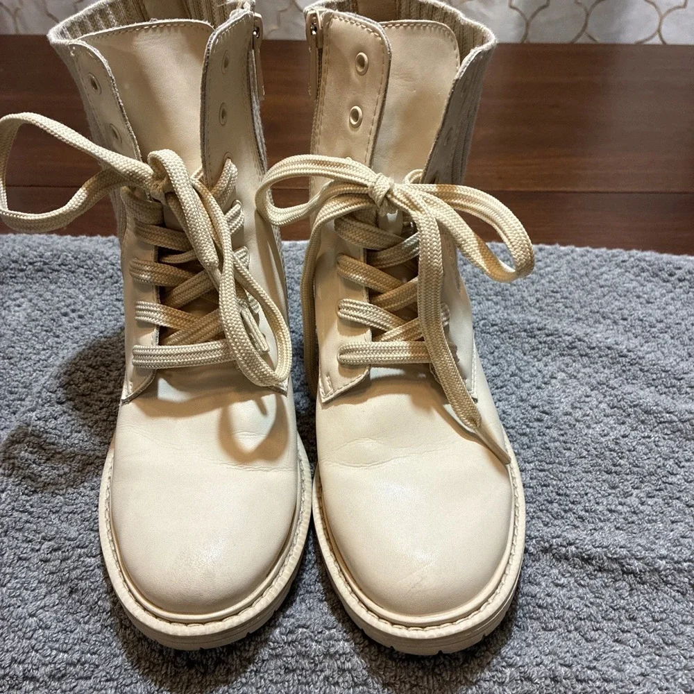 Sam Edelman Boots Girls Sz 3 Ivory Leather Combat Lug Sole Lace Up Zip
